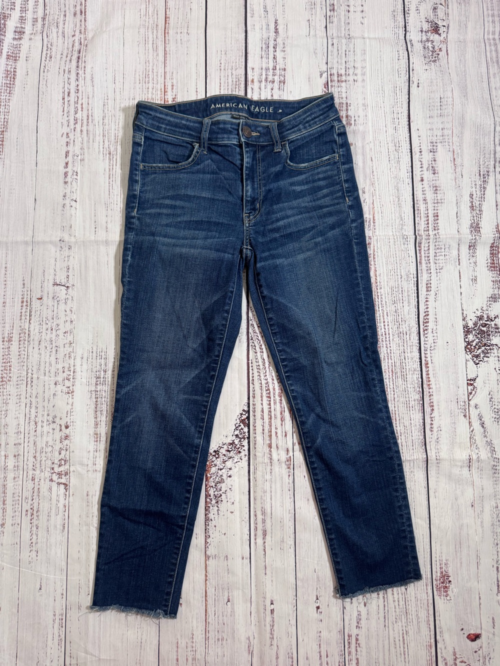 American Eagle Outfitters Dark Blue Cropped Skinny Jeans with Frayed Hem